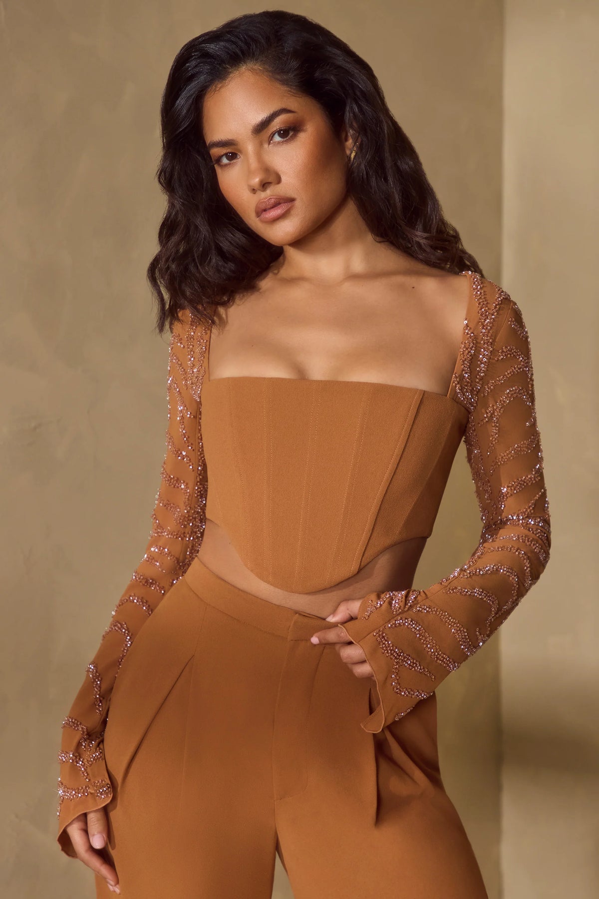 Embellished Sleeve Corset Crop Top in Caramel