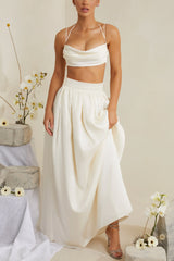 Pleated Heavy Satin Maxi Skirt in White