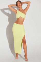 Embellished One Shoulder Knot Detail Crop Top in Lime Green