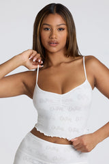 Strappy Ruched Pointelle Crop Top in White