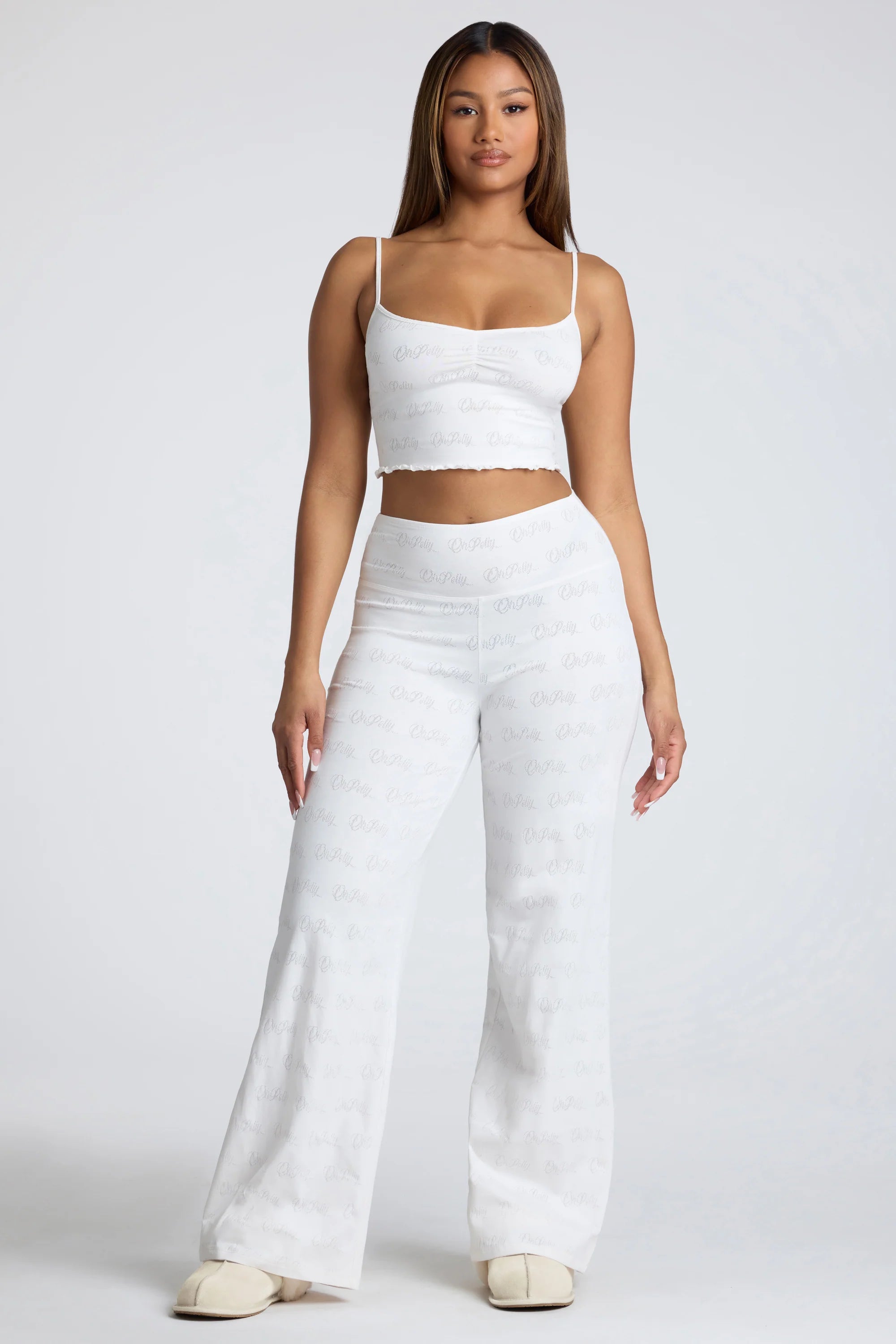 Strappy Ruched Pointelle Crop Top in White