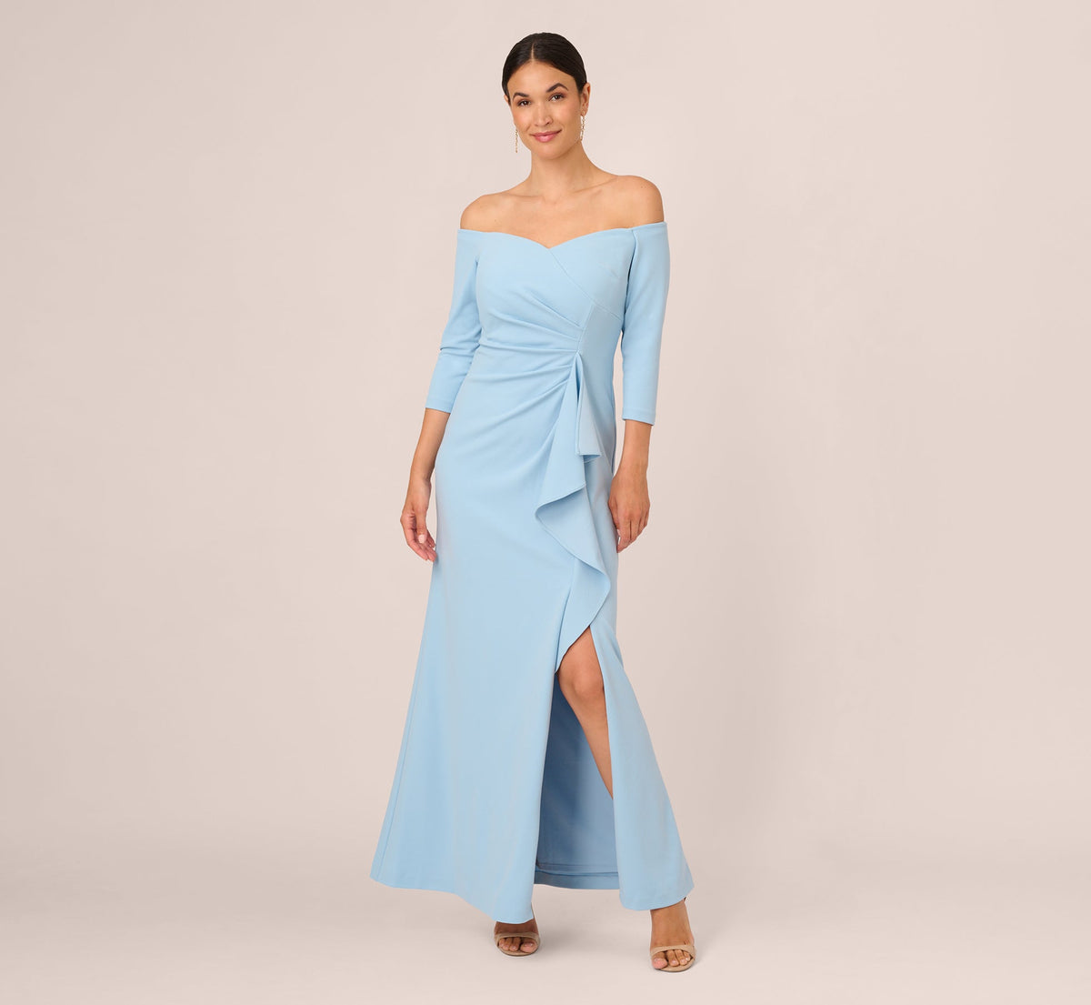 Off The Shoulder Cascading Ruffle Gown In Blue Mist