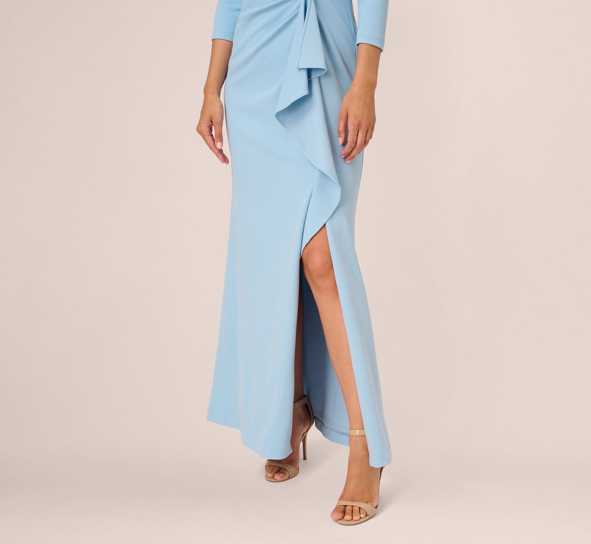 Off The Shoulder Cascading Ruffle Gown In Blue Mist