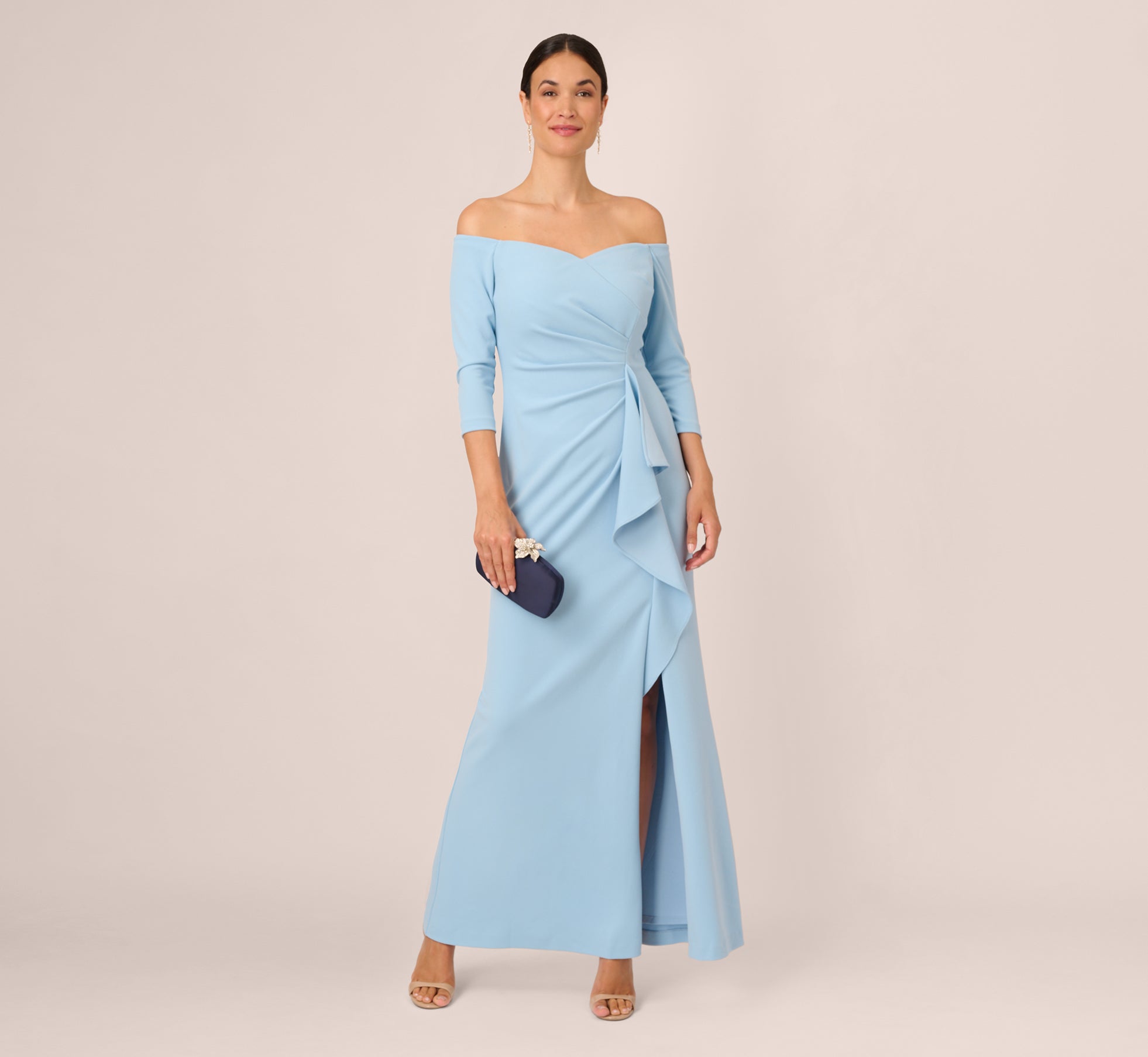 Off The Shoulder Cascading Ruffle Gown In Blue Mist