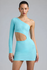 Metallic Cut-Out One-Shoulder Minikleid in Eisblau