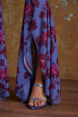 Split Flare Ruffle Trousers in Periwinkle Print