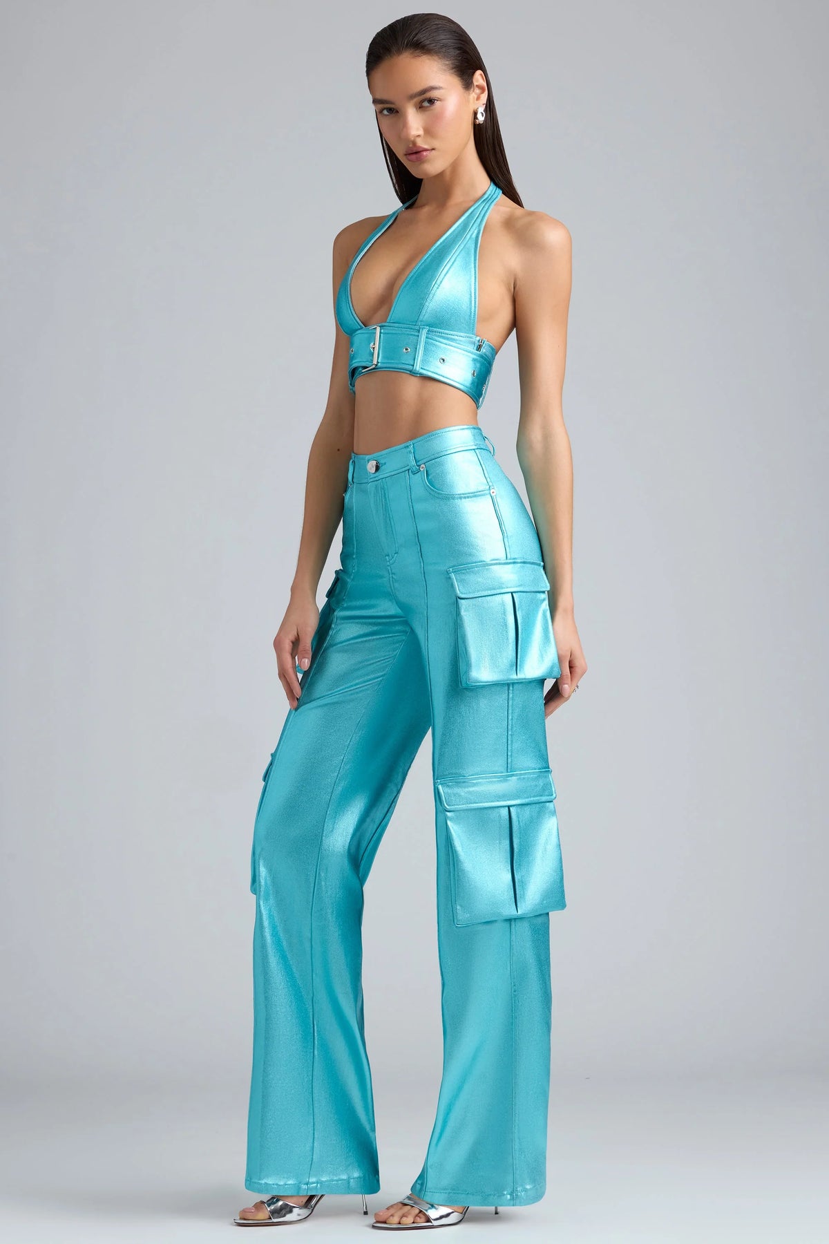 Metallic-Cargohose aus Denim in Aqua