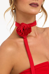 Slinky Jersey Wide Strap Flower Choker in Scarlet Red