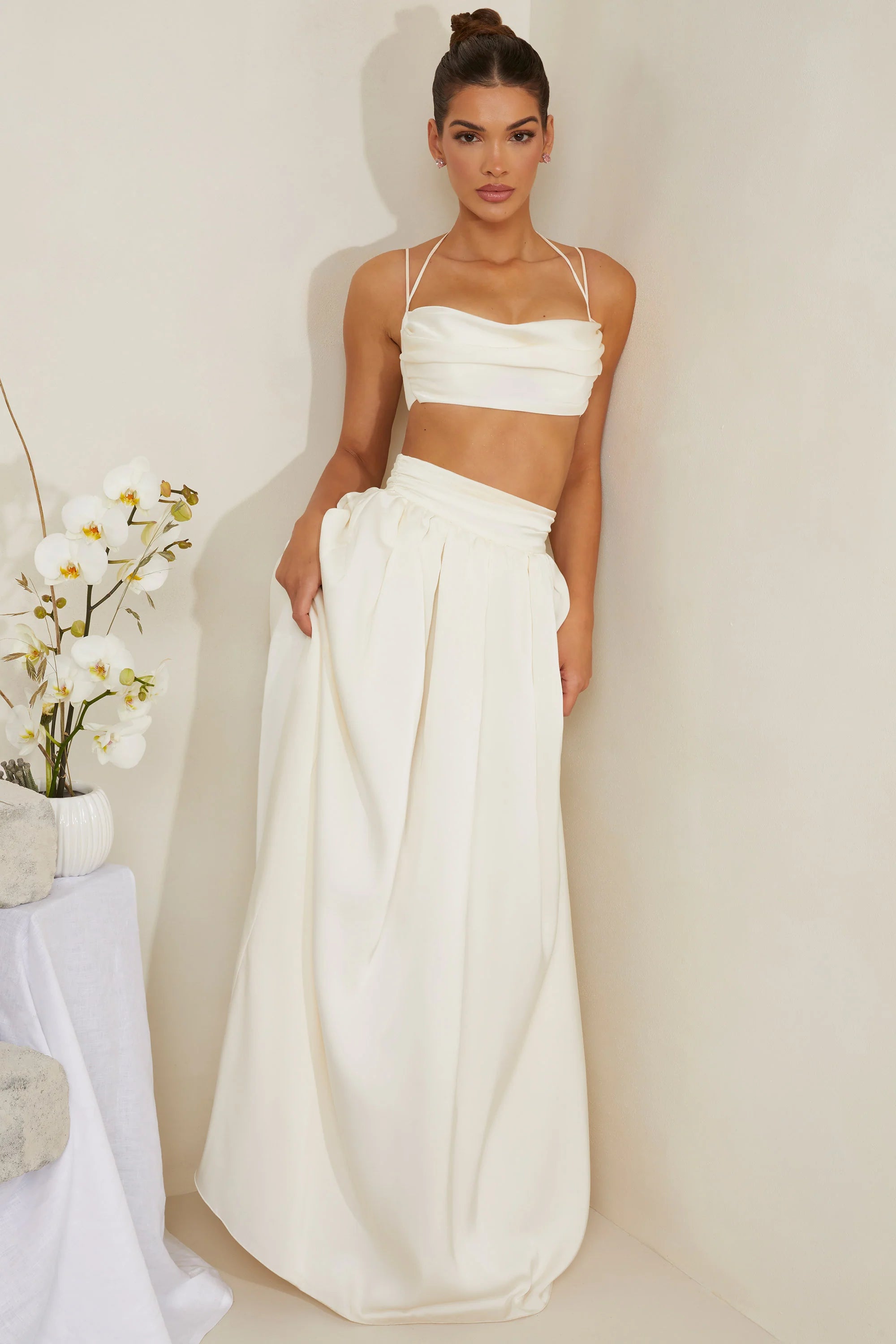 Pleated Heavy Satin Maxi Skirt in White