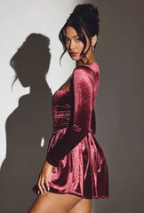 Velvet Long Sleeve Corset Mini Dress in Wine