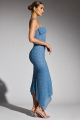 Embellished Asymmetric Maxi Dress in Smokey Blue