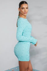 Long Sleeve Embellished Backless Mini Dress in Aqua