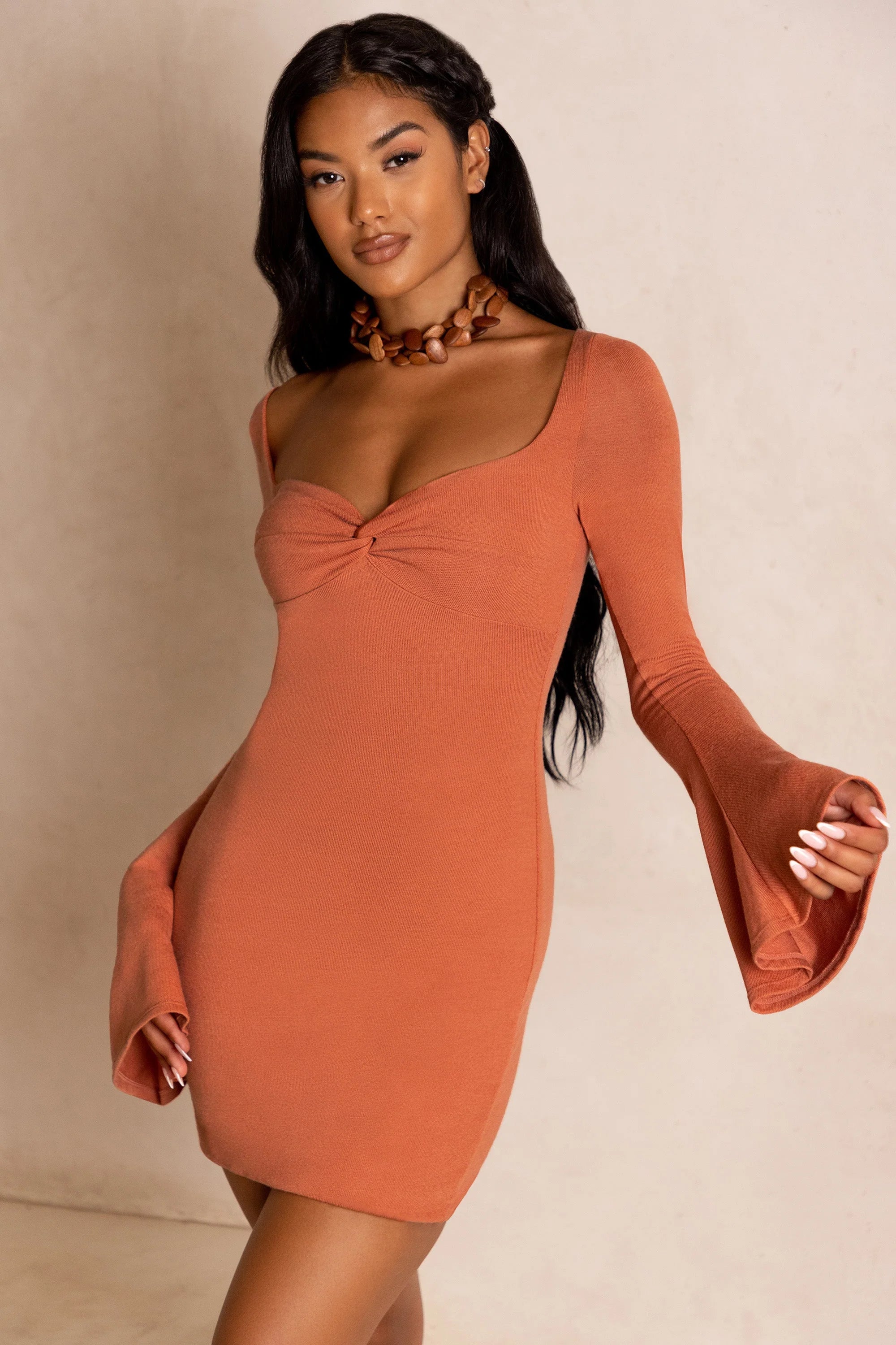 Flare Sleeve Mini Dress in Rust