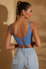 Scoop Neck Lace Up Back Crop Top in Dark Blue