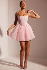 Embellished Corset Tulle Skirt Mini Dress in Blush