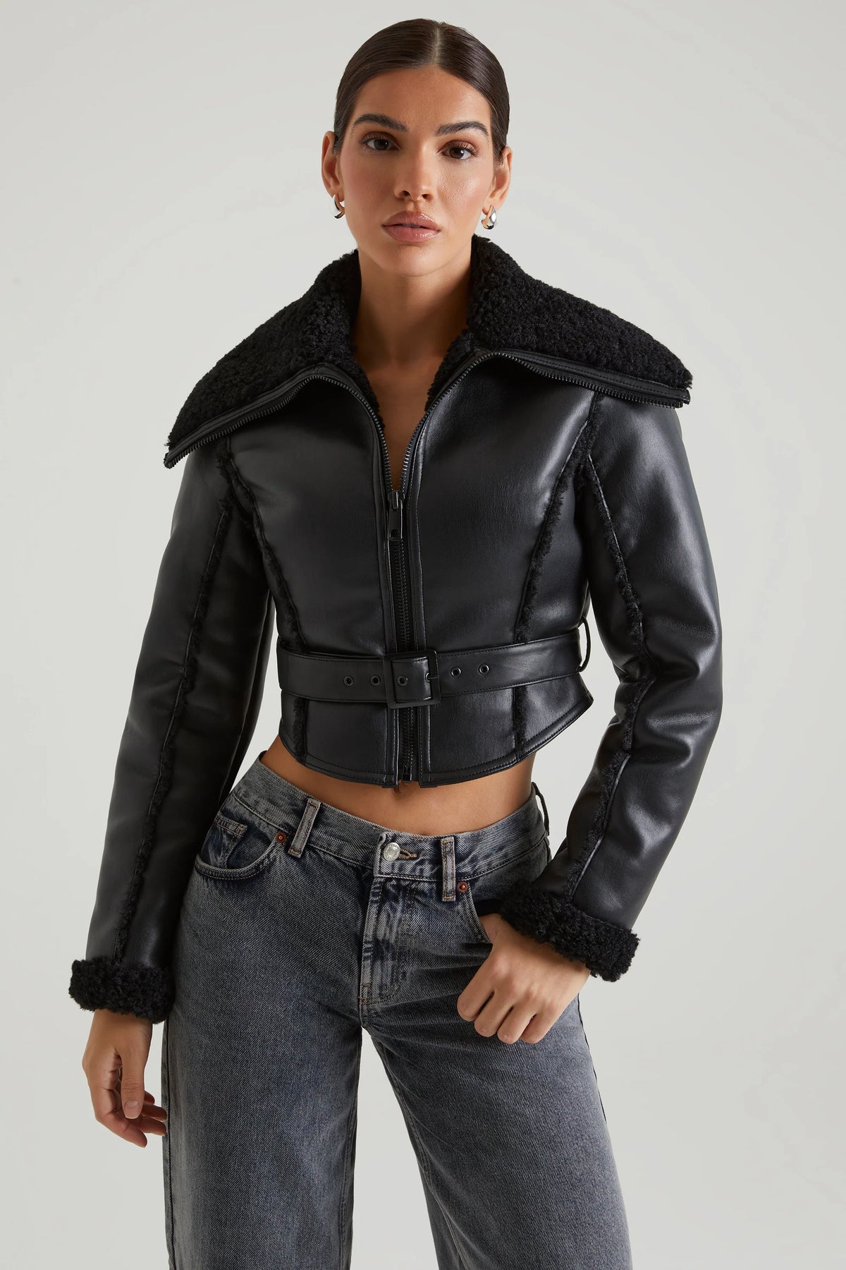 Jacket with Shearling Collar and Trim in Black