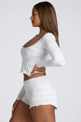 Long Sleeve Scoop Neck Pointelle Crop Top in White