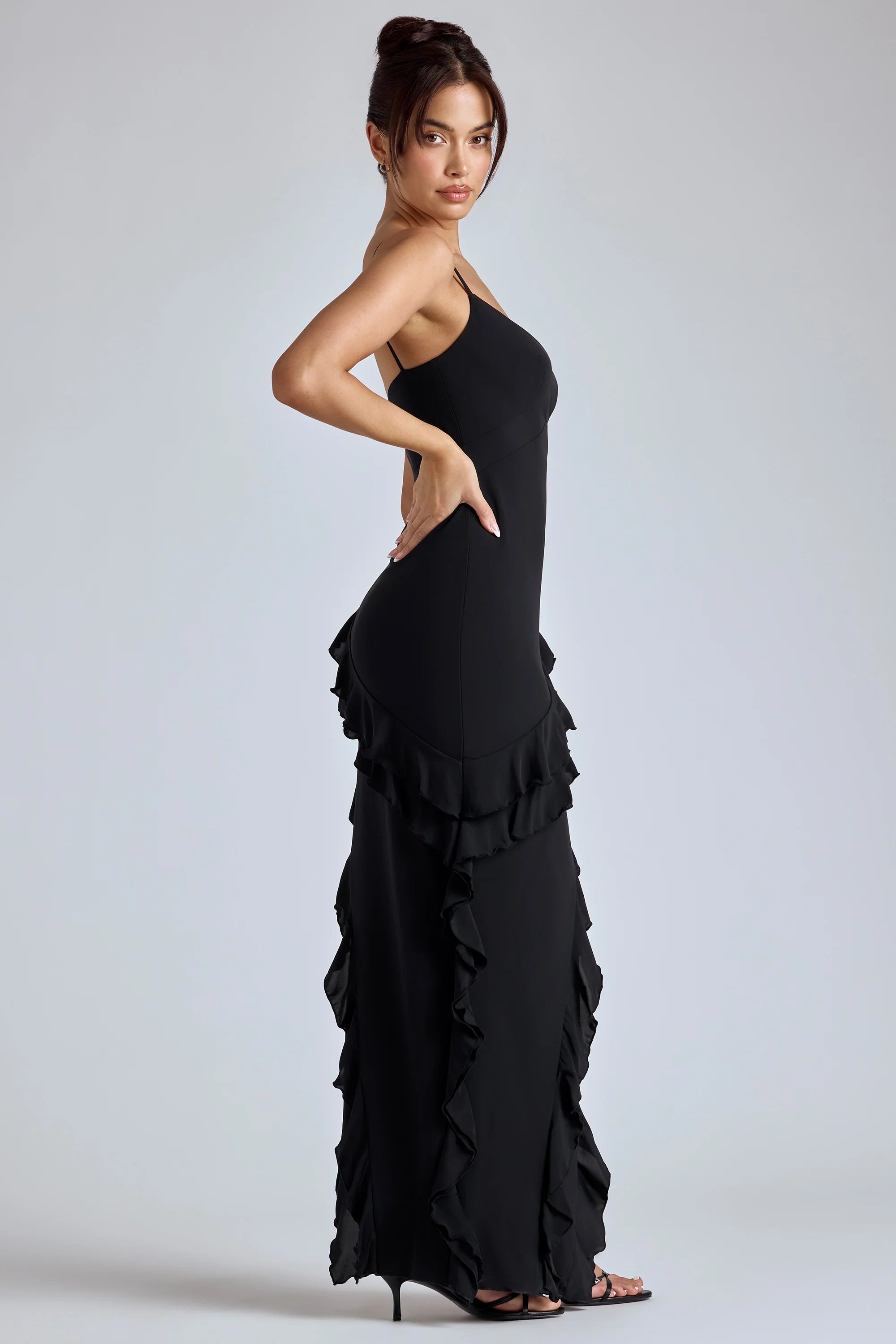 Panelled Ruffle Evening Gown in Black