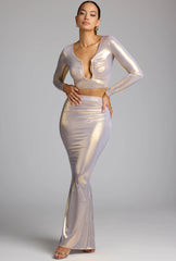 Mid Rise Metallic Jersey Gown Skirt in Light Gold