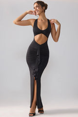 Slinky Jersey Cut Out Ruffle Racerback Maxi Dress in Black