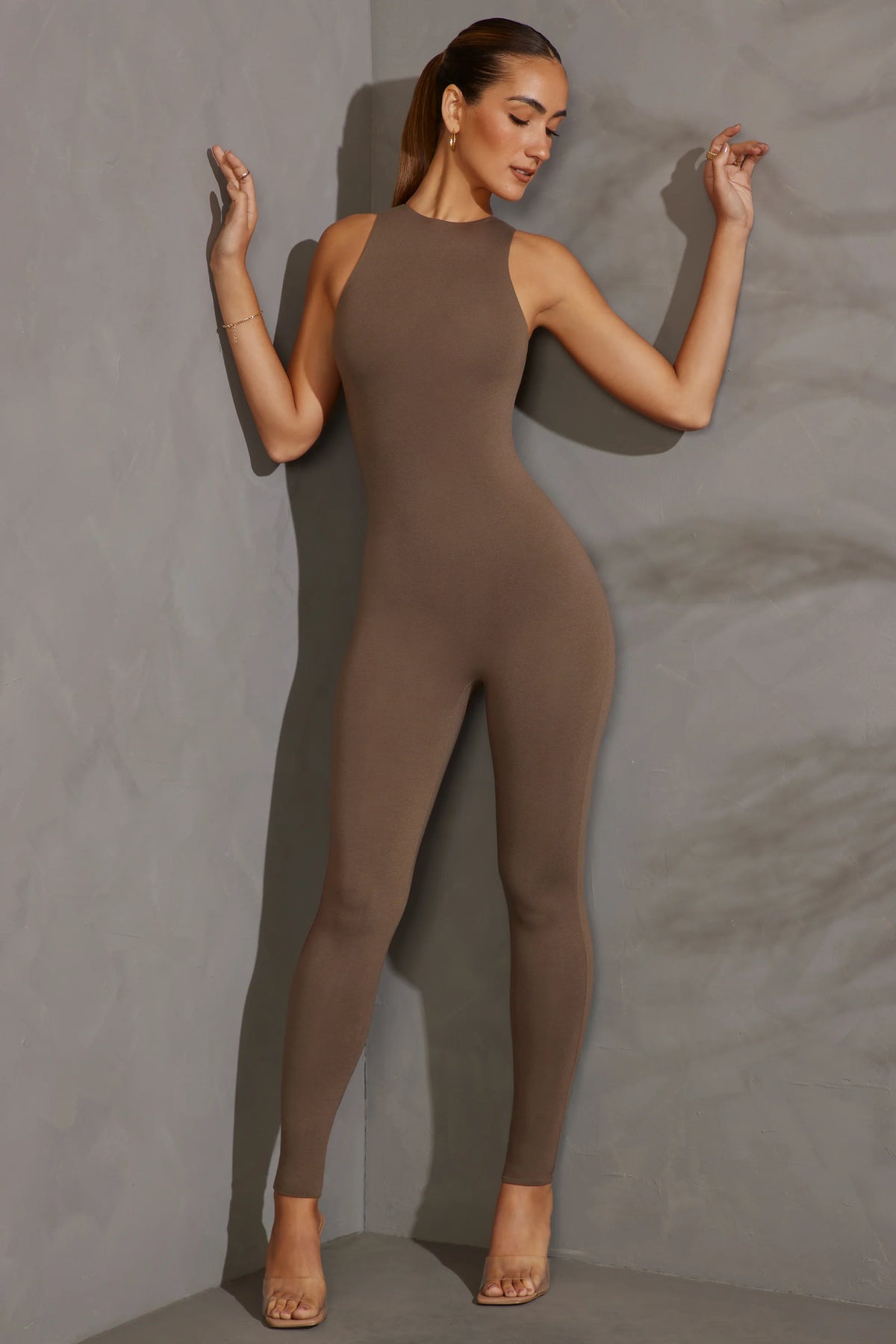 Petite Racer Neck Jumpsuit in Taupe