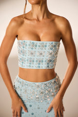 Von Hand verziertes Bandeau-Korsett-Crop-Top in Blau