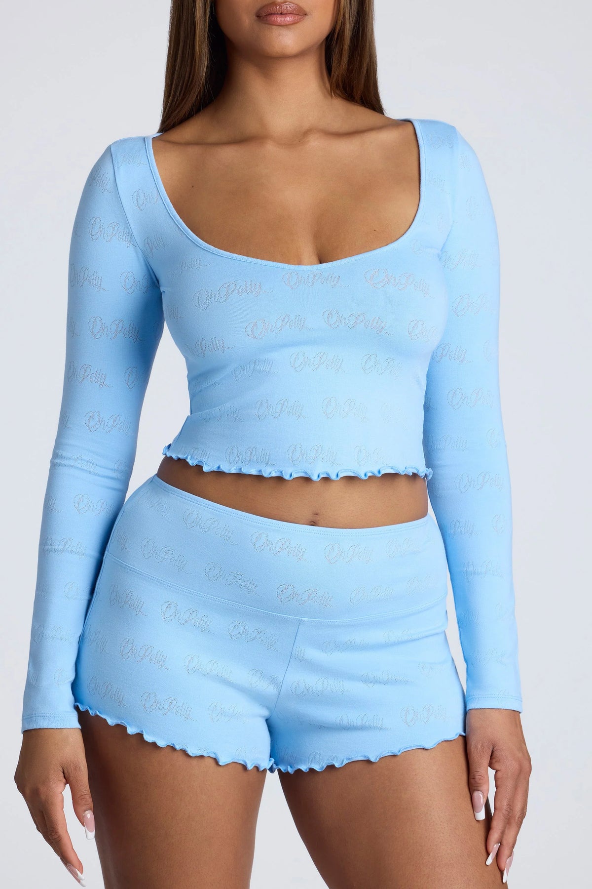 Langärmliges Pointelle-Crop-Top mit U-Ausschnitt in Babyblau