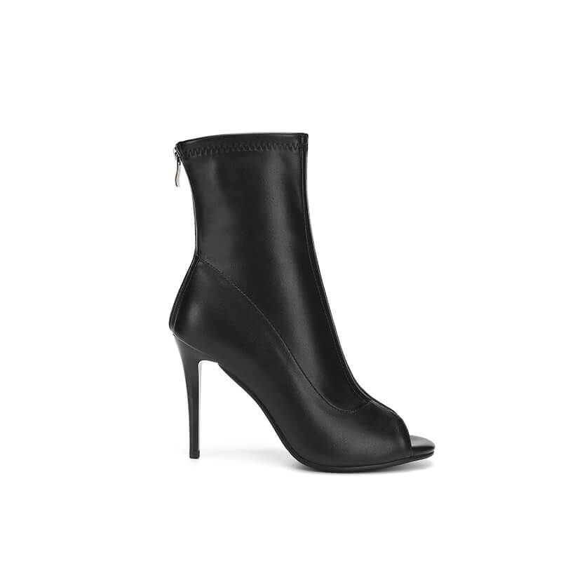 Peep Toe High Heeled Leather Ankle Boots