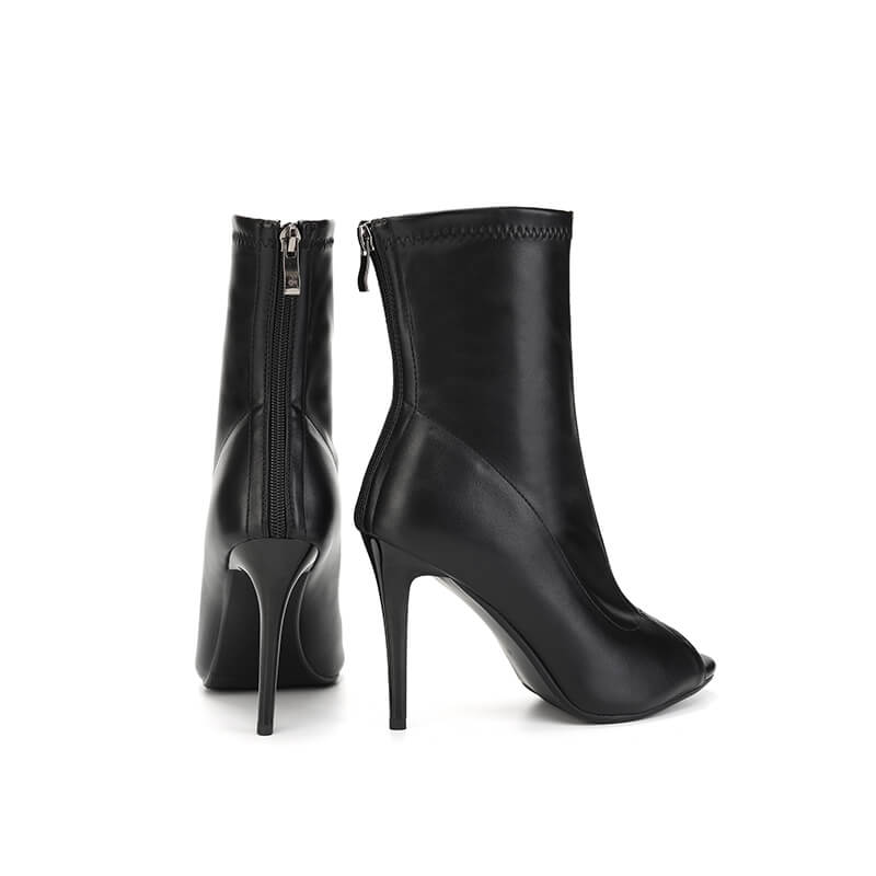 Peep Toe High Heeled Leather Ankle Boots