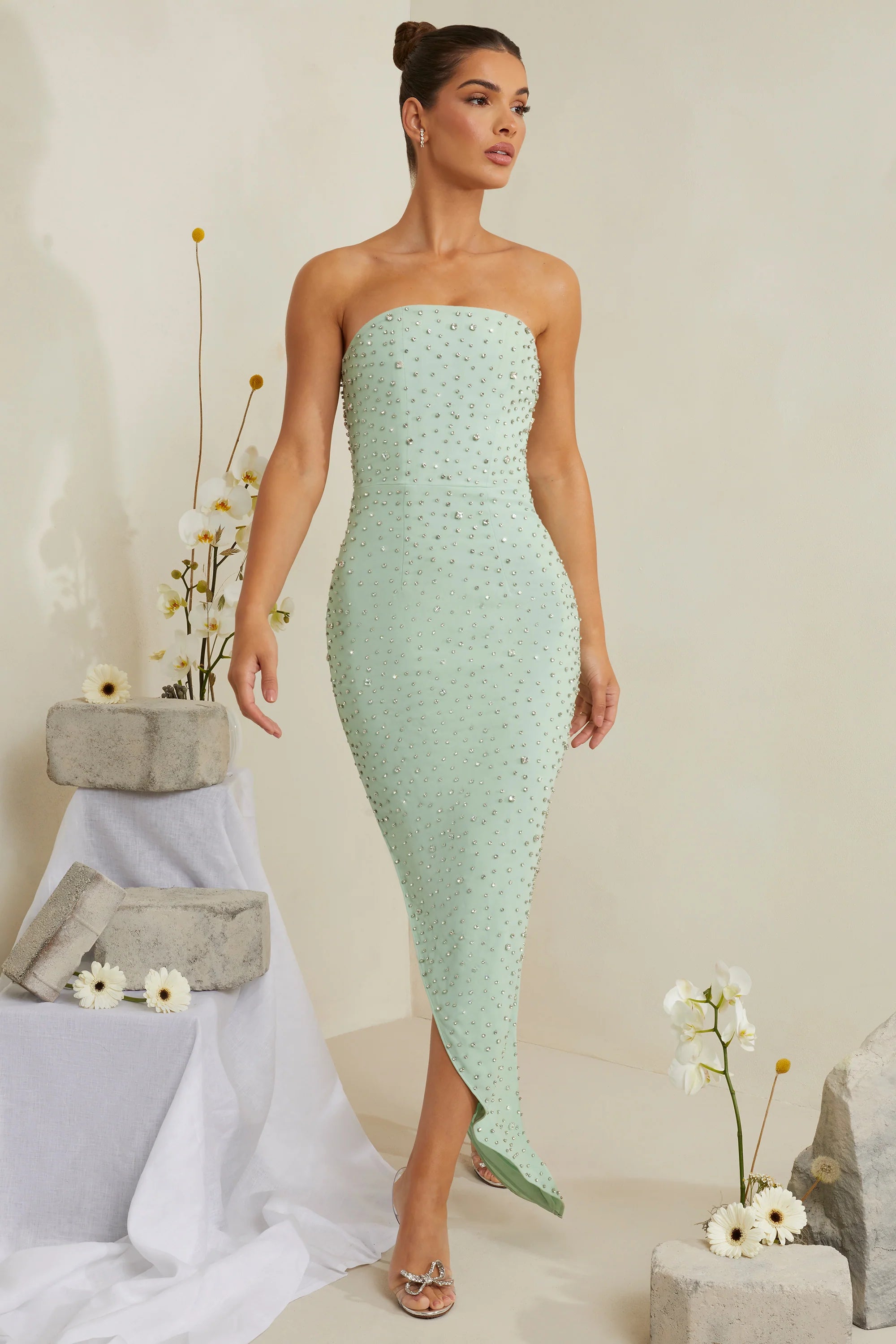 Hand Embellished Asymmetric Midi Dress in Sage