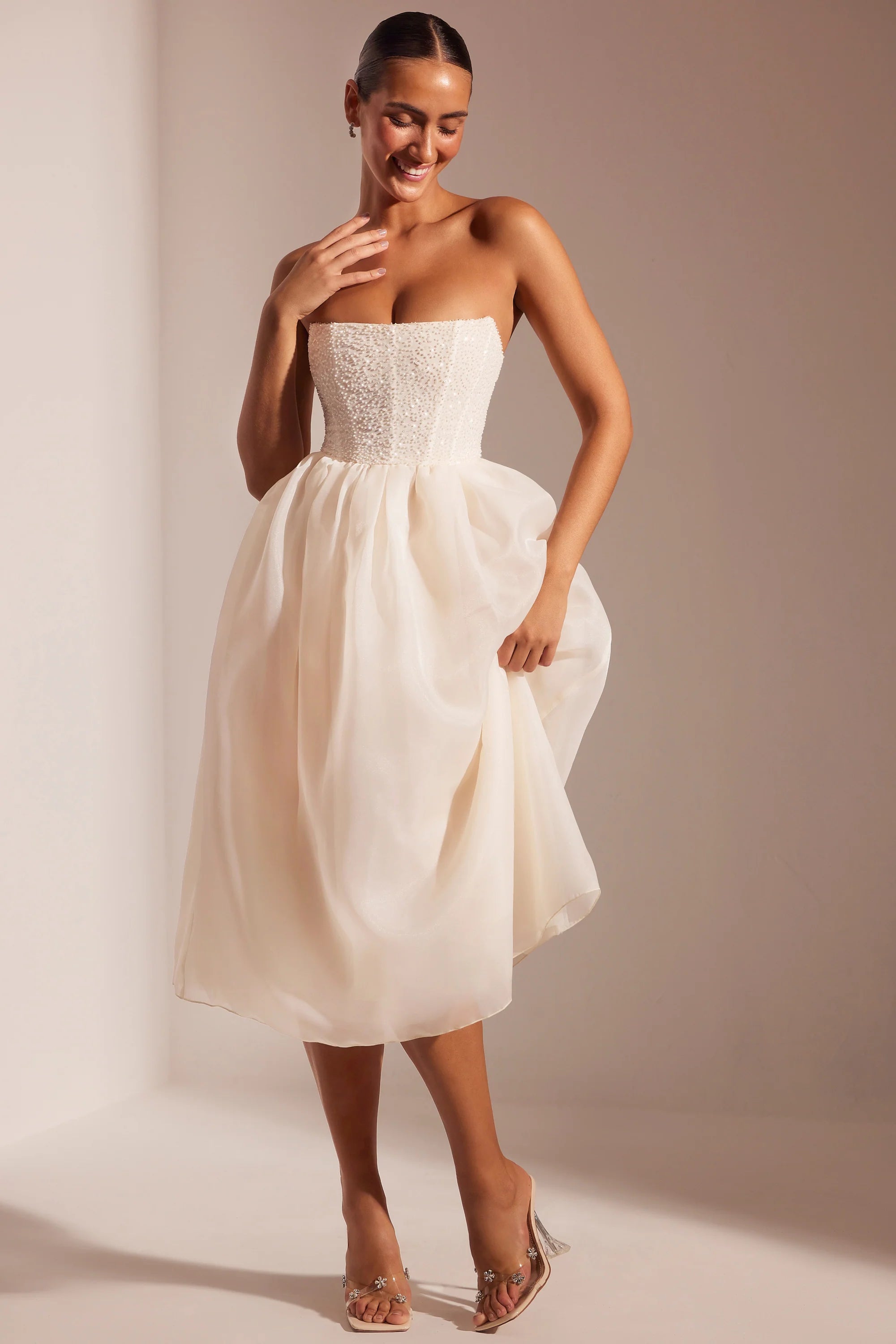 Embellished Corset Tulle Skirt Midi Dress in Ivory