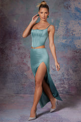 Side Split Satin Maxi Skirt in Light Teal