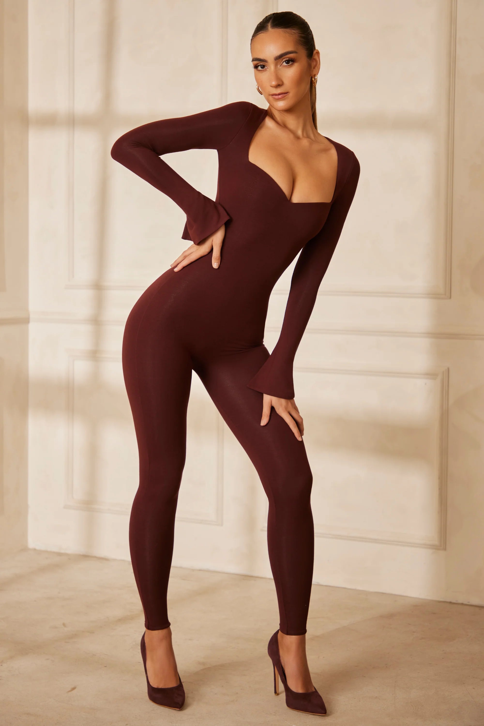 Sweetheart Neckline Long Sleeve Jumpsuit in Brown