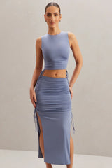 Mid Rise Midi Skirt in Blue