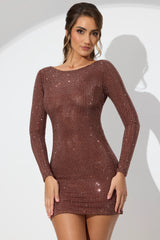 Embellished High Neck Cowl Back Mini Dress in Espresso