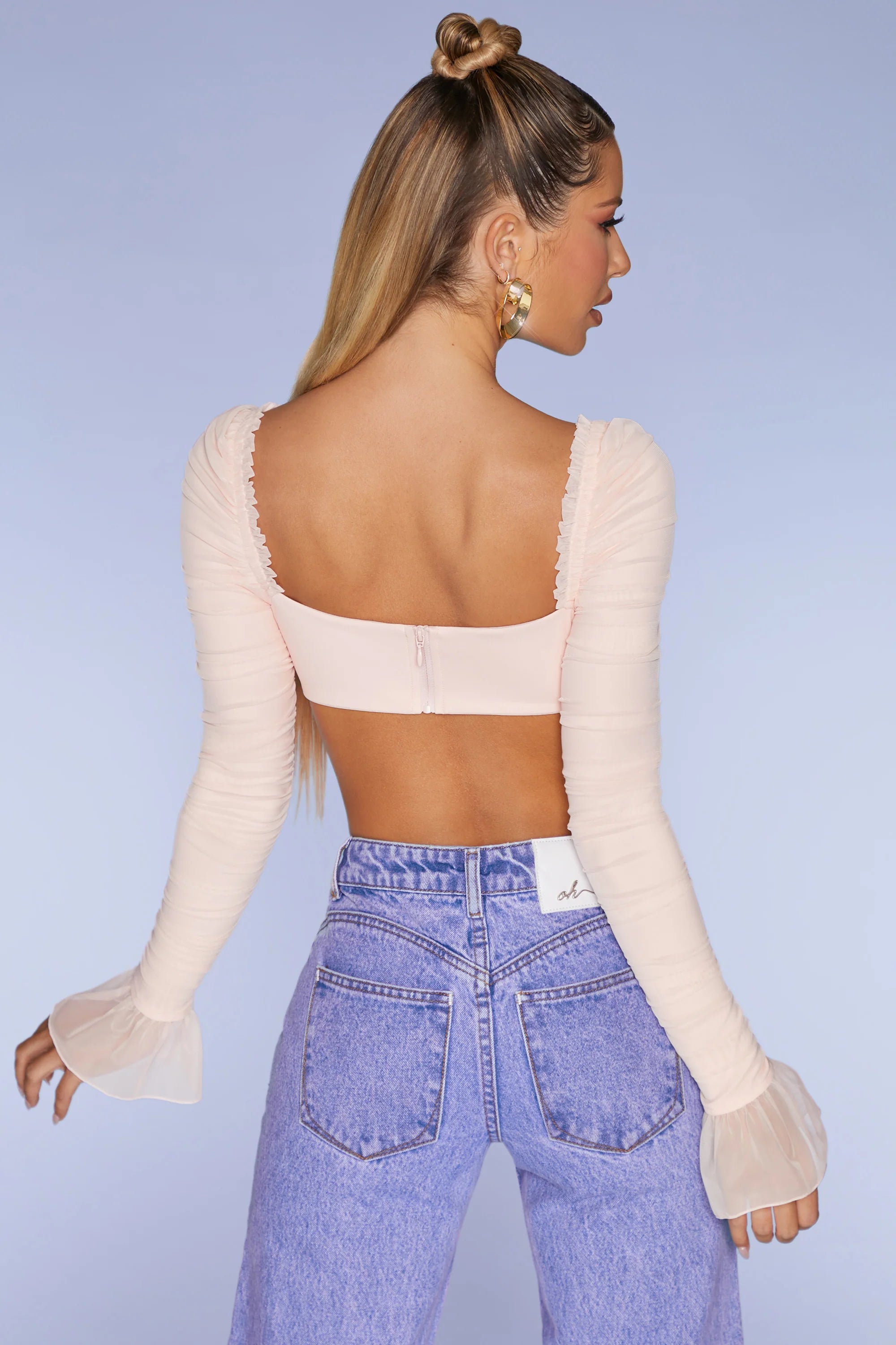 Long Sleeve Ruched Crop Top in Blush