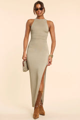 High Neck Racerback Ruched Modal Cashmere Blend Maxi Dress in Taupe