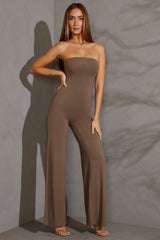 Bandeau-Jumpsuit mit weitem Bein in Taupe