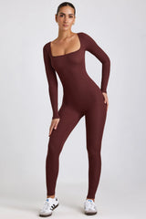 Gerippter Langarm-Jumpsuit aus Modal in Espresso