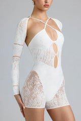 Embellished Cut-Out Unitard in Ivory