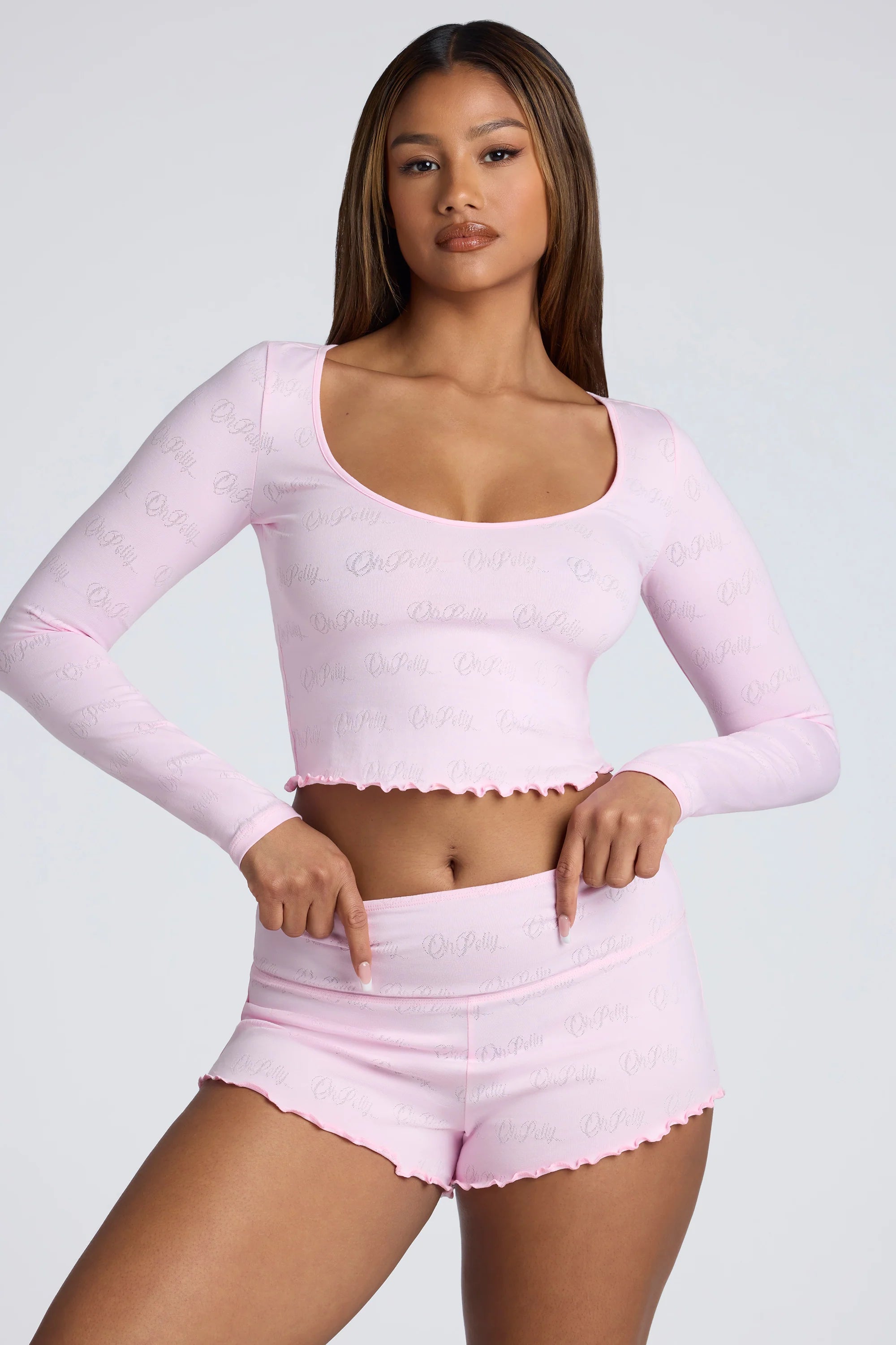 Langärmliges Pointelle-Crop-Top mit U-Ausschnitt in Babyrosa