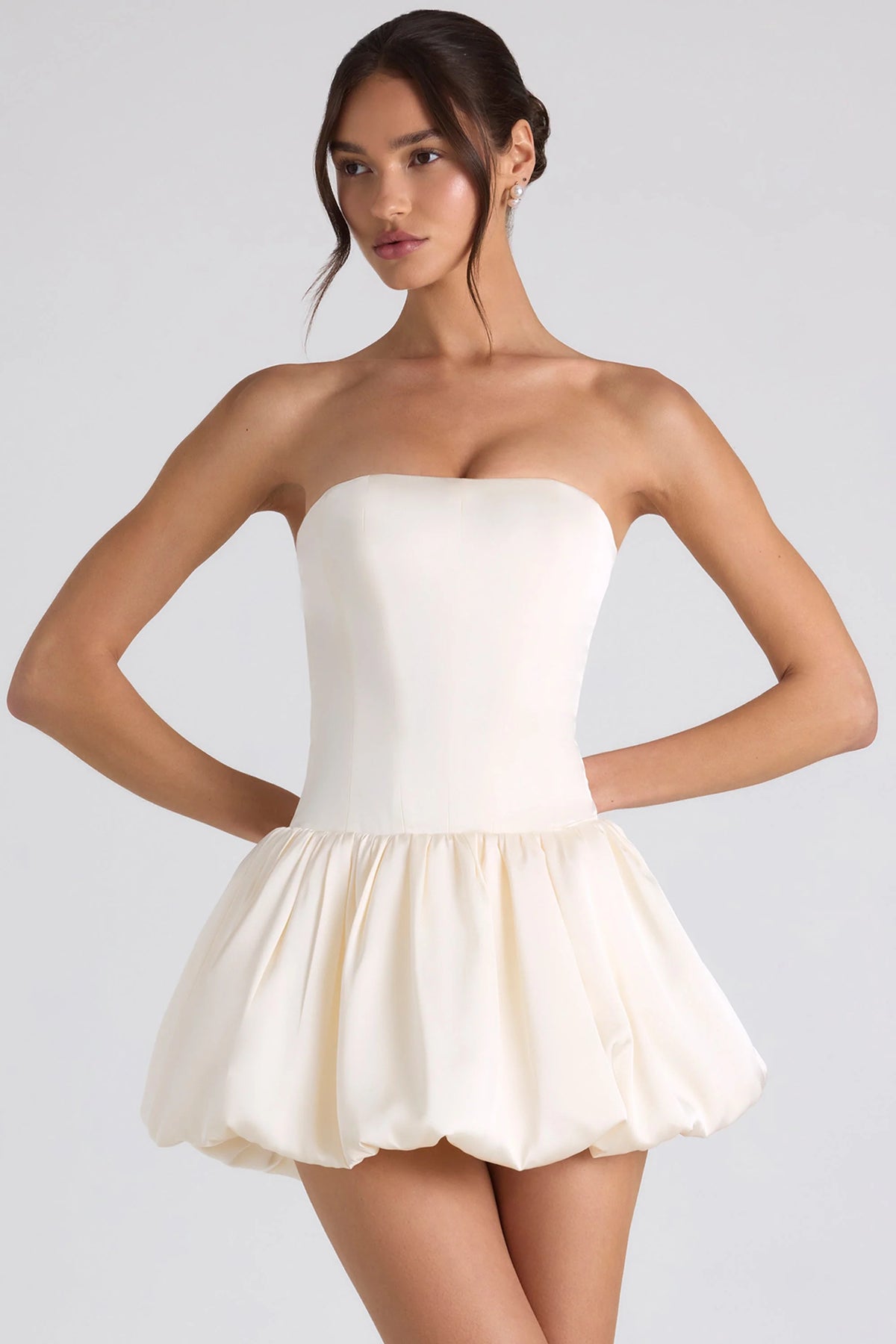 Lace-Up Bubble Hem Corset Mini Dress in Ivory