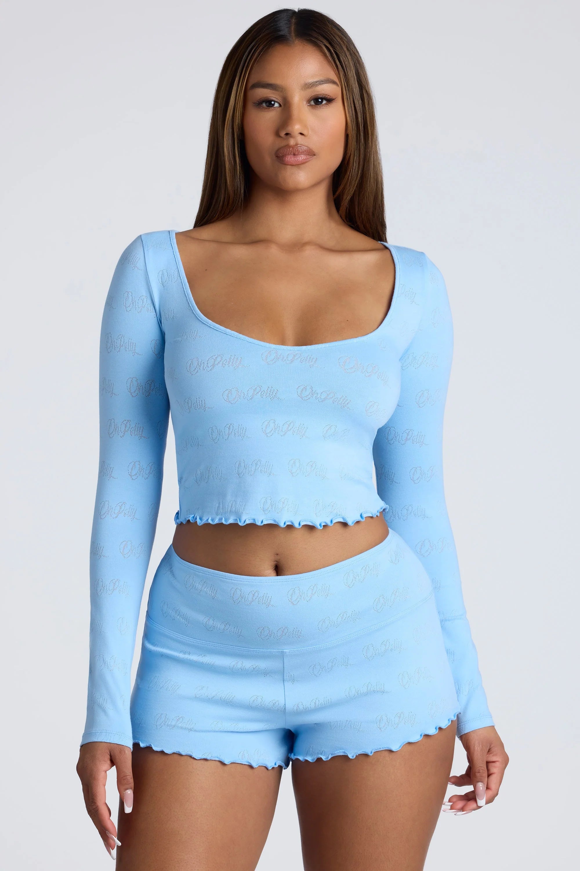 Langärmliges Pointelle-Crop-Top mit U-Ausschnitt in Babyblau