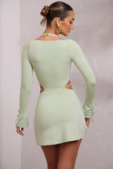 Long Sleeve Cut Out A-Line Mini Dress in Sage