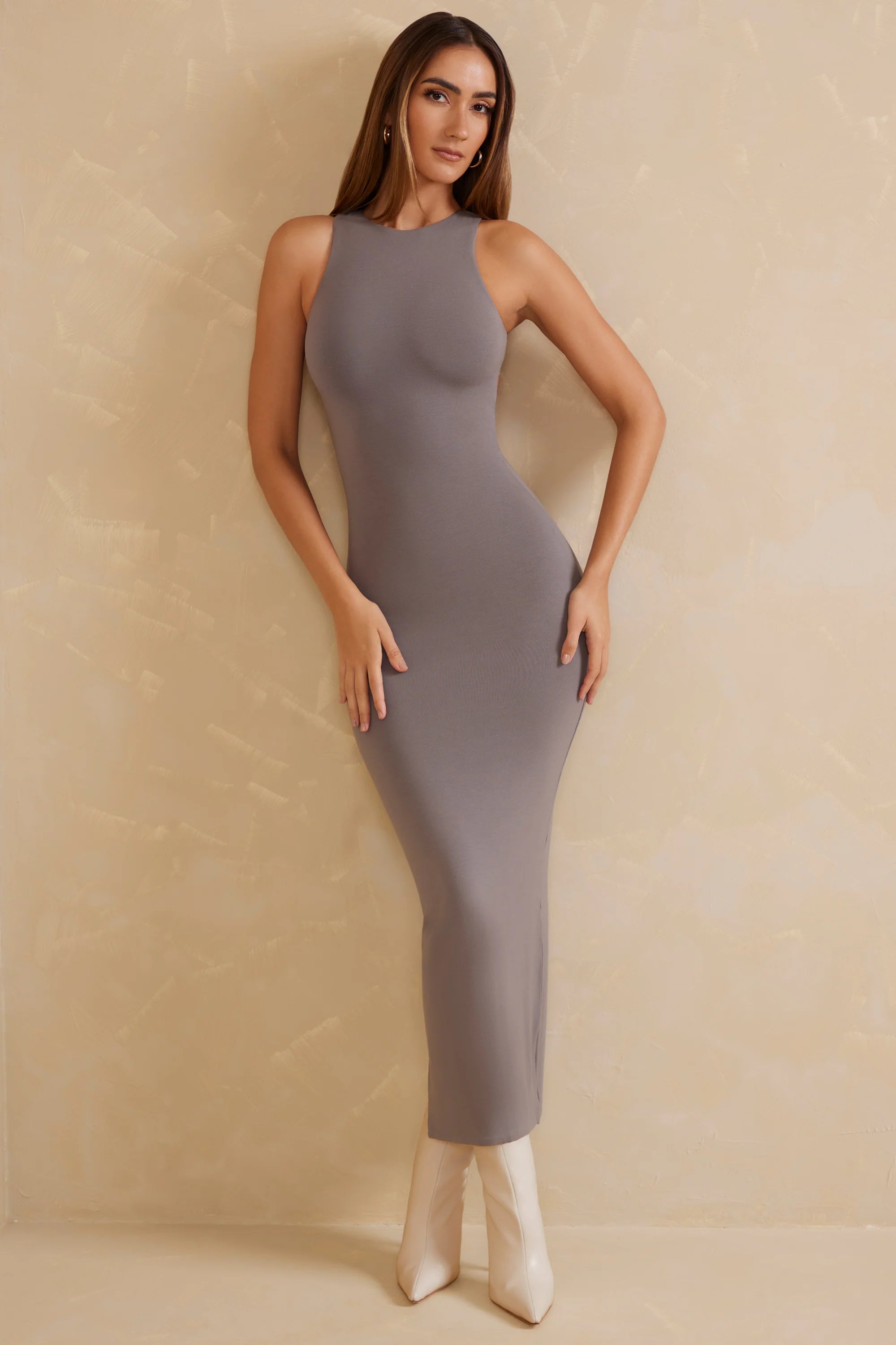 Open Back Racer Neck Maxi Dress in Grey