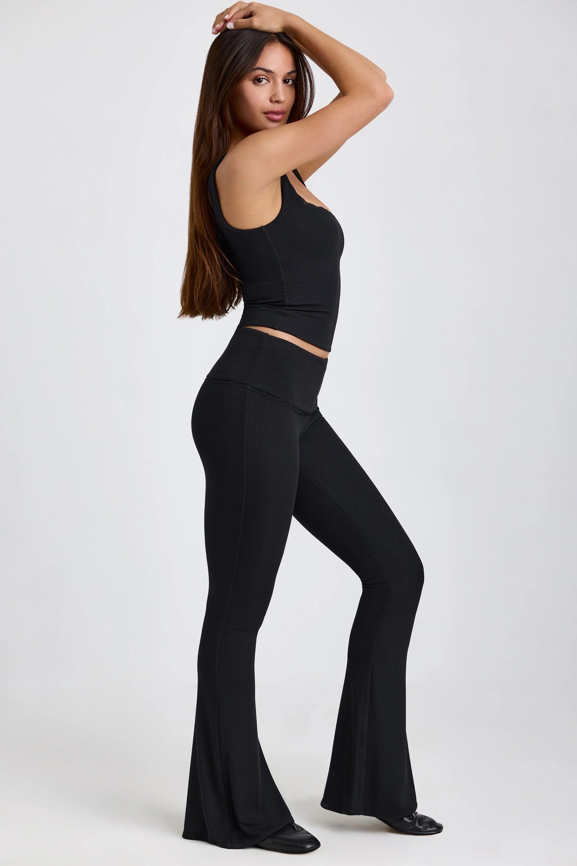 Ribbed Modal Mid-Rise Foldover Flared Trousers in Black