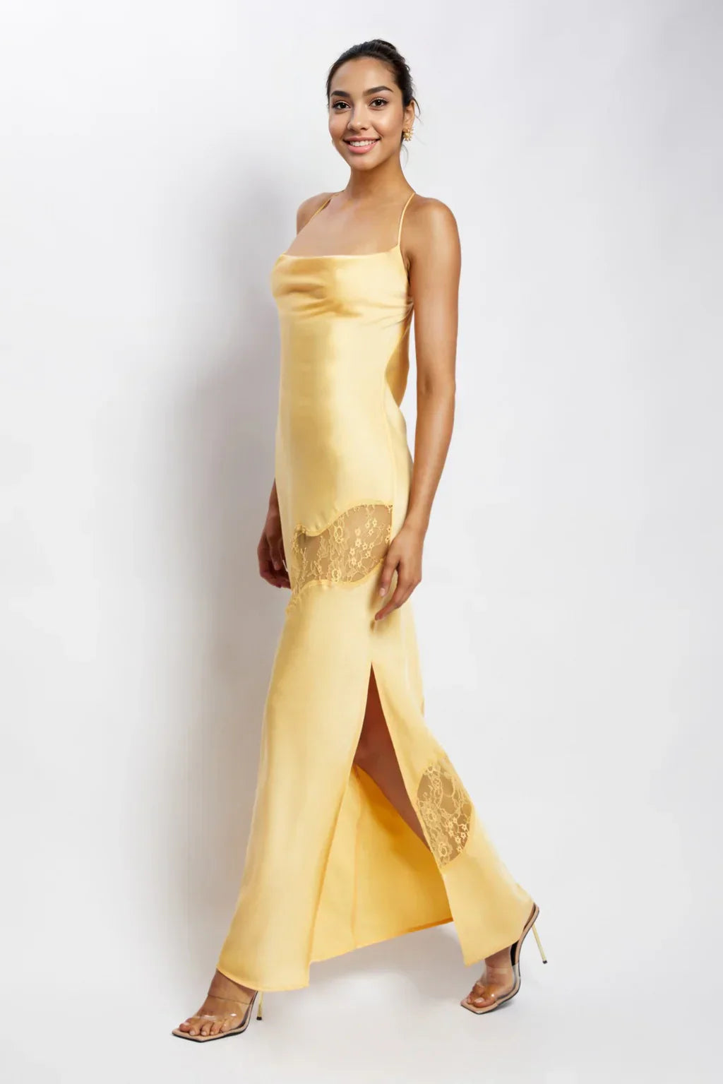 Chandra Lace Detail Satin Maxi Dress - Lemon