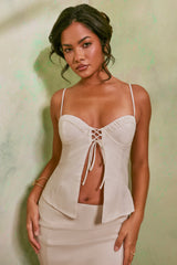 Sweetheart Neckline Front Tie Linen Top in White