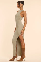 High Neck Racerback Ruched Modal Cashmere Blend Maxi Dress in Taupe