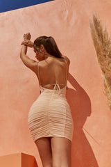 Ruched Mesh Mini Dress in Sand